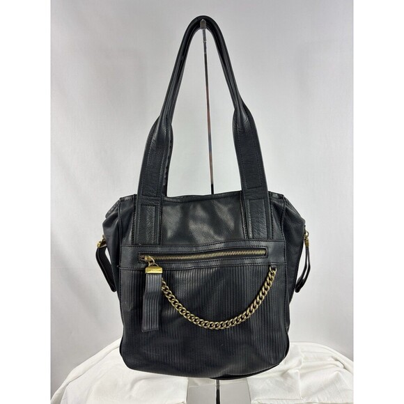 B Makowsky Shoulder Bag Tote Black Leather Brass Chain Hardware Pockets - Picture 2 of 16
